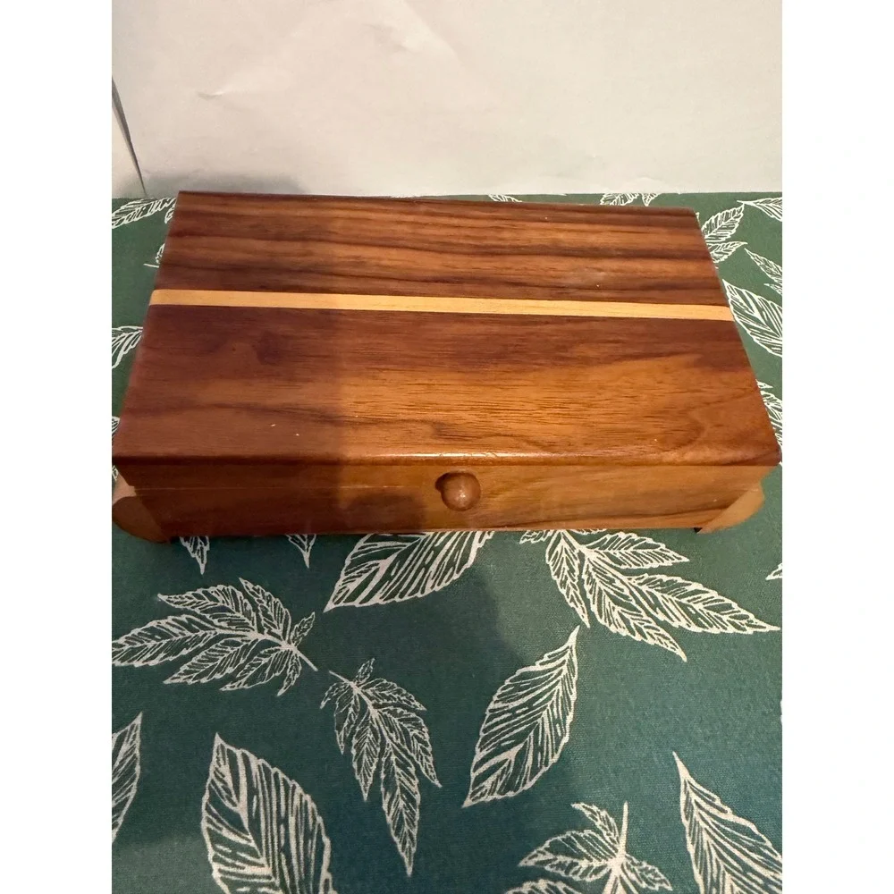 Handcrafted Mixed Wood Trinket Box Inlay Hinged Keepsake Jewelry Chest Brown MCM